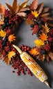 Thanksgiving Indian Corn Displayed With A Wreath Made Of Autumn Berrie. Generative AI Royalty Free Stock Photo