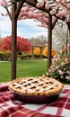 Thanksgiving Pie On A Blanket Under A Blossom-Covered Pergol. Generative AI Royalty Free Stock Photo