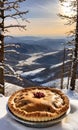 Thanksgiving Pie On A Snowy Mountaintop With A View Of The Valle. Generative AI