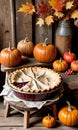 Thanksgiving Pie On A Wooden Stool With A Rustic Barn Settin. Generative AI