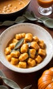 Thanksgiving Pumpkin And Sage Gnocchi Paired With A Bowl Of Turkey Grav. Generative AI