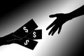 Concept on the theme of the shadow economy in the world. a hand holds out money, and the other takes