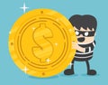 Concept a thief with big coin stack design. Internet hacking fin