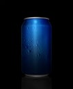 Concept of thirst and quenching thirst. Blue metal can with cola or beer. Drops of condensation on the surface Royalty Free Stock Photo