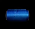 Concept of thirst and quenching thirst. Blue metal can with cola or beer. Drops of condensation on the surface