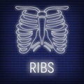 Concept thoracic cage ribs bone icon glow neon style, skeleton part organism, roentgen human body image isolated on black., flat