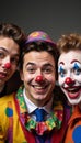 Three clown masks showing different expressions three grimacing one smiling