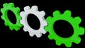 Concept of three cog gears in green and white on black color. Royalty Free Stock Photo