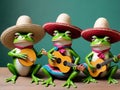 Three Frogs In Sombre Hats Playing Guitar. Generative AI