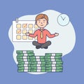 Concept Of Time Management, Business Success. Happy Young Businessman Is Meditating Above Stack Of Dollar Banknotes