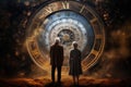 Concept of time passing. Elderly couple looking at the clock. Life slipping away. AI Generated