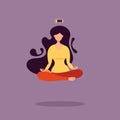 Concept of tired woman with uncharged battery.Woman meditating in lotus pose and levitates over the floor Royalty Free Stock Photo