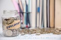 Concept to saving money income for study, Calculating student finance costs and investment budget loan. close-up education object Royalty Free Stock Photo