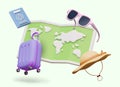 Concept of tourism and traveling abroad. Realistic passport, pink sunglasses, purple trolley bag
