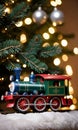 A Toy Train Under A Christmas Tree, Illuminated By Fairy Lights. Generative AI