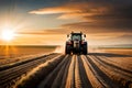 Tractor Ploughing The Field. Big Orange Tractor Working On The Field. Generative AI