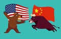 Concept of trade war between USA and China. bull and bear are fighting with america and china flag background. Royalty Free Stock Photo