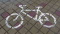 Concept traffic sign. White bike lane sign on wet sidewalk. Bicycle markings. Royalty Free Stock Photo