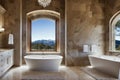 Tranquil Rock Walls A Lavish Designer Bathroom .AI Generated