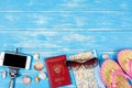 Concept of travel. Accessories and items for travelers. Royalty Free Stock Photo