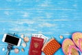Concept of travel. Accessories and items for travelers. Royalty Free Stock Photo