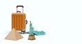 Concept of travel, sightseeing. Huge tourist suitcase, Statue of Liberty, pyramid, world map Royalty Free Stock Photo