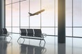 Concept of travel by taking off airplane view from glass transparent wall in empty airport hall with seats.