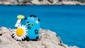 Concept travel to the sea. Stylish suitcase against the blue sea Royalty Free Stock Photo