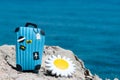 Concept travel to the sea. Stylish suitcase against the blue sea Royalty Free Stock Photo