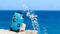 Concept travel to the sea. Stylish suitcase Royalty Free Stock Photo