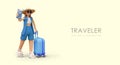 Concept of traveling abroad. Woman in summer clothes and sunglasses is in hurry to travel