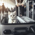 concept of traveling with animals. kitten in an open suitcase at the airport. ai generative