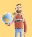 Cartoon character tourist stands with a large map pointer and globe. 3d illustration. Concept of traveling.