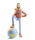 Cartoon character tourist stands with a large map pointer and globe. 3d illustration. Concept of traveling.