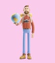 Cartoon character tourist stands with a large map pointer and globe. 3d illustration. Concept of traveling.