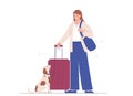 Concept of traveling with pets. Young woman with suitcase, dog next to her