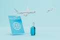 the concept of traveling by plane. flying planes, passport and luggage on a blue background. 3D render