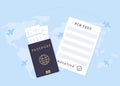 Concept of Travelling with Fit to fly certificate. Pre-travel Covid-19 PCR test. A passport with airline boarding