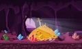 Concept Treasure cave, gold pile, coins, gems, crown, sword, crystals. Banner art for game, apps medieval fairytale