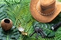 Concept of treasure hunt and travel adventures, hat, compass, flashlight, a bunch of old keys on a background of tropical leaves Royalty Free Stock Photo