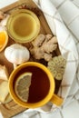 Concept of treatment colds with honey and garlic, close up