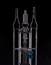 The concept of treatment and prevention. Medical syringe, ampoules for injection. medicines, vaccine, vitamins, pain medication on