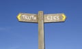 Truth and Lies - Conceptual signpost with a blue sky background
