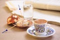 Concept of turkish coffee. Turkish delight on authentic plate Royalty Free Stock Photo