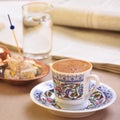 Concept of turkish coffee. Turkish delight on authentic plate Royalty Free Stock Photo