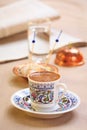Concept of turkish coffee. Turkish delight on authentic plate Royalty Free Stock Photo