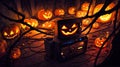 A Tv Sitting On Top Of A Radio Surrounded By Carved Pumpkins. Generative AI