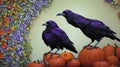 Two Black Crows Sitting On Top Of Pumpkins. Generative AI