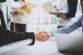 Concept two coworkers handshaking process.Business partnership handshake.Successful deal after great meeting at sunny Royalty Free Stock Photo