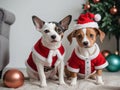 Two Dogs Wearing Santa Hats. Generative AI